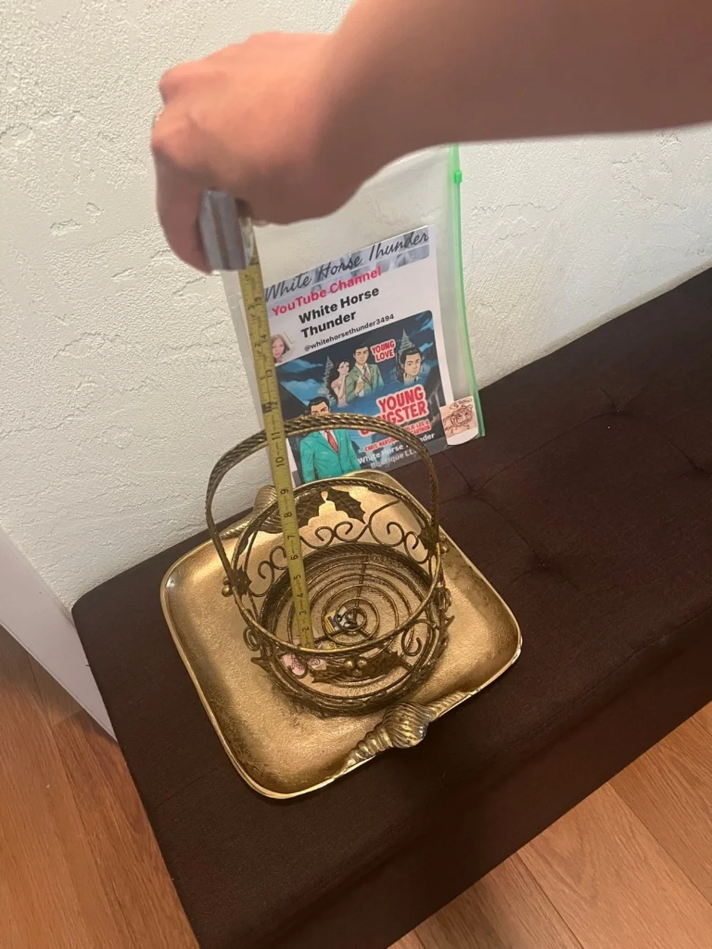 #1911** Vintage Decorative Gold Metal Holly Basket with Handle